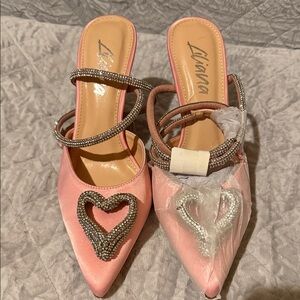 Pink Satin Heart-Embellished Pointed Mule heels with Sparkly ankle wrap